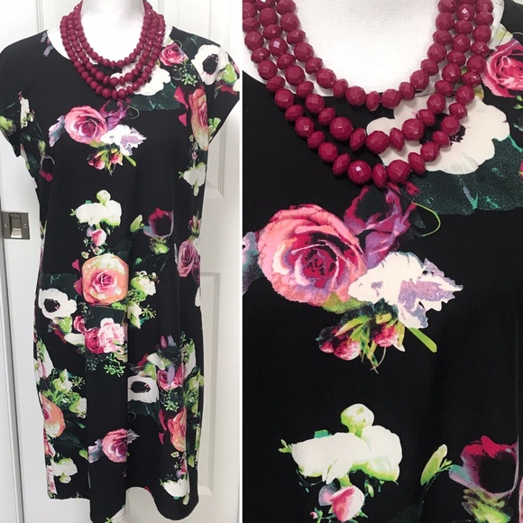 MERONA Black Floral Mini Sheath Dress Short Sleeves Medium - Picture 1 of 7